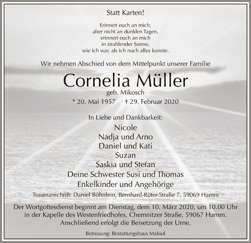  Traueranzeige für Cornelia Müller vom 07.03.2020 aus MZV