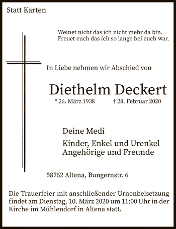 Traueranzeige von Diethelm Deckert von MZV