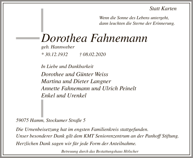  Traueranzeige für Dorothea Fahnemann vom 09.03.2020 aus MZV