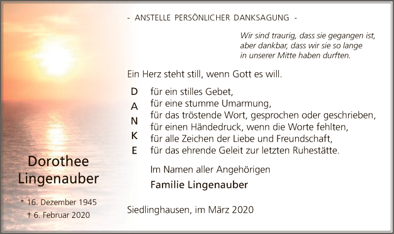  Traueranzeige für Dorothee Lingenauber vom 21.03.2020 aus MZV