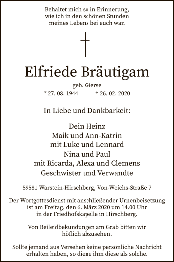 Traueranzeige von Elfriede Bräutigam von MZV