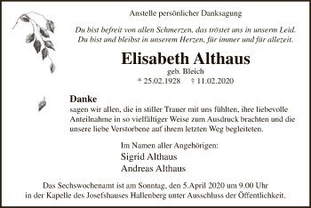 Traueranzeige von Elisabeth Althaus von MZV