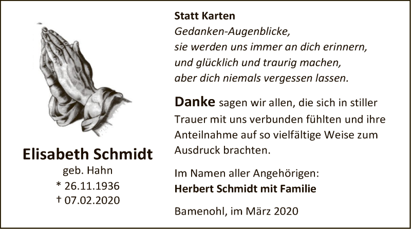  Traueranzeige für Elisabeth Schmidt vom 21.03.2020 aus MZV