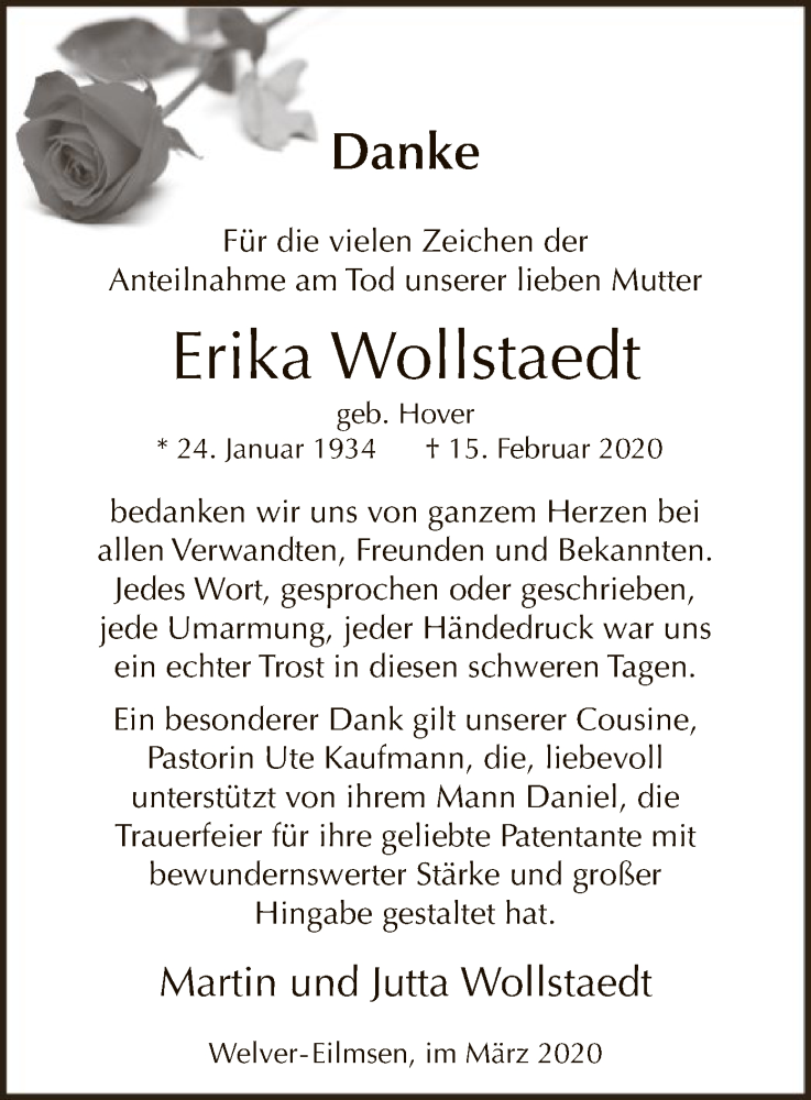  Traueranzeige für Erika Wollstaedt vom 21.03.2020 aus MZV