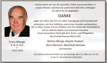 Traueranzeige von Franz MengeMenge von MZV