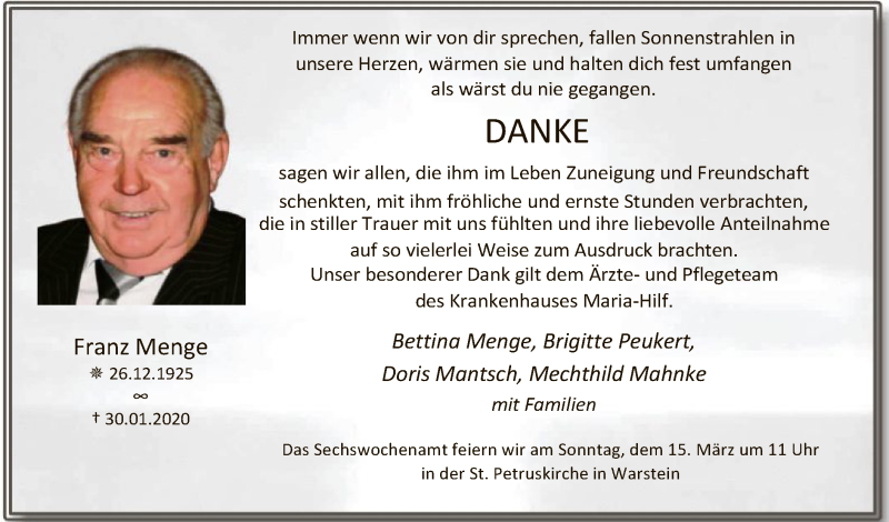  Traueranzeige für Franz MengeMenge vom 07.03.2020 aus MZV