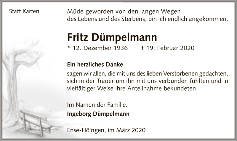  Traueranzeige für Fritz Dümpelmann vom 21.03.2020 aus MZV
