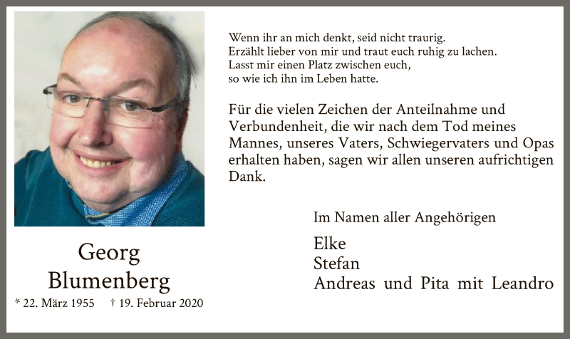  Traueranzeige für Georg Blumenberg vom 28.03.2020 aus MZV