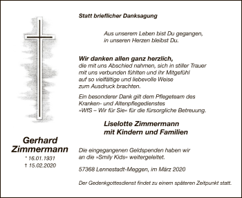 Traueranzeige von Gerhard Zimmermann von MZV