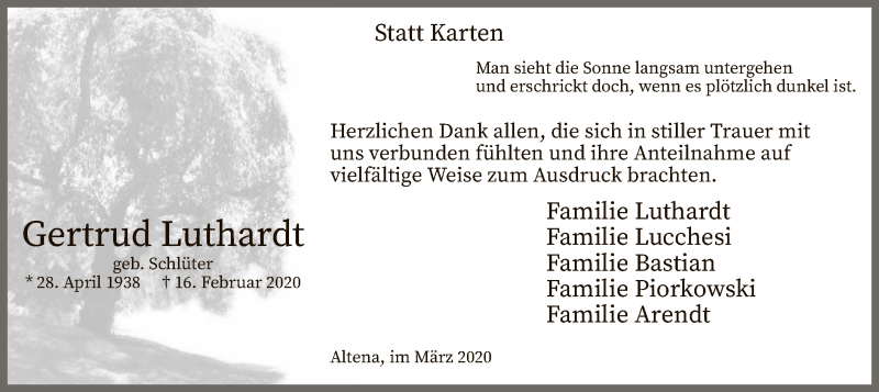  Traueranzeige für Gertrud Luthardt vom 11.03.2020 aus MZV