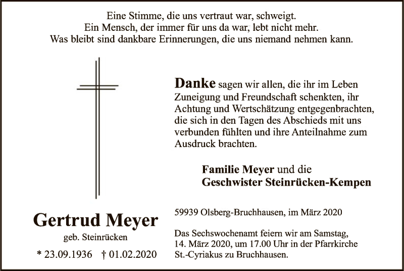  Traueranzeige für Gertrud Meyer vom 14.03.2020 aus MZV