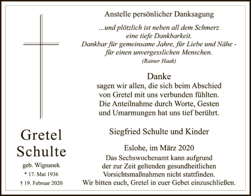  Traueranzeige für Gretel Schulte vom 28.03.2020 aus MZV