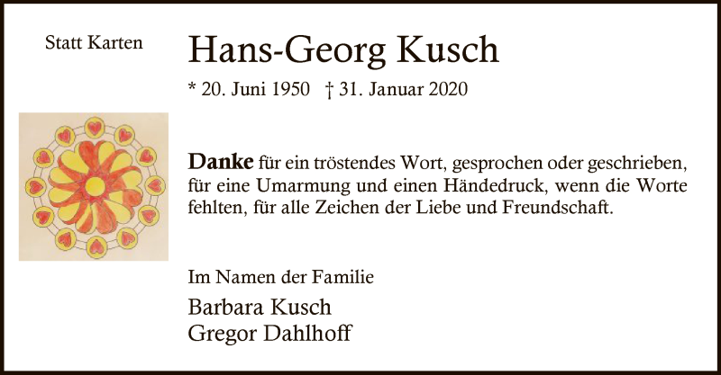  Traueranzeige für Hans-Georg Kusch vom 21.03.2020 aus MZV