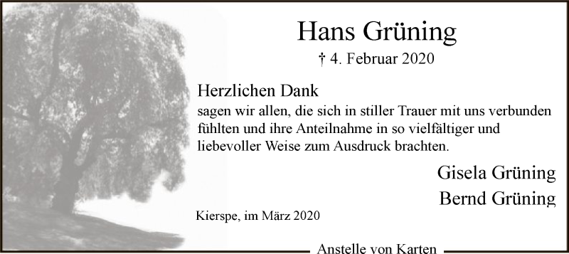  Traueranzeige für Hans Grüning vom 21.03.2020 aus MZV