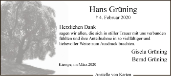 Traueranzeige von Hans Grüning von MZV