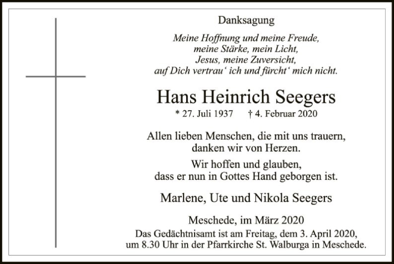  Traueranzeige für Hans Heinrich Seegers vom 28.03.2020 aus MZV