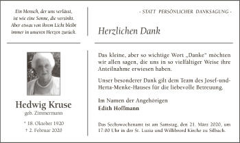 Traueranzeige von Hedwig Kruse von MZV