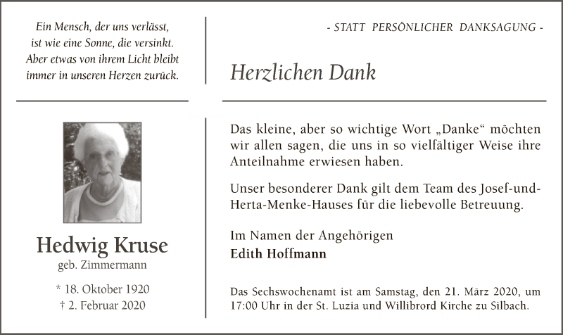  Traueranzeige für Hedwig Kruse vom 14.03.2020 aus MZV