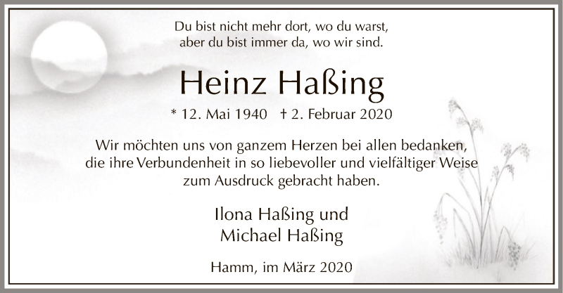  Traueranzeige für Heinz Haßing vom 21.03.2020 aus MZV