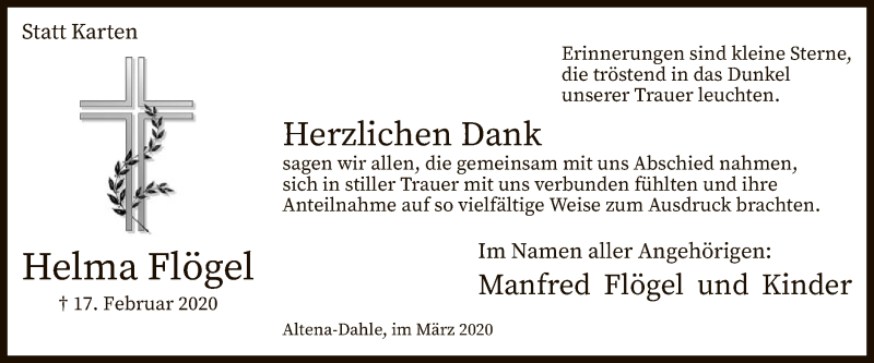  Traueranzeige für Helma Flögel vom 21.03.2020 aus MZV