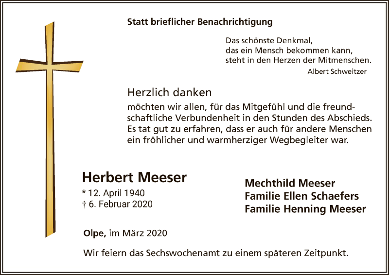  Traueranzeige für Herbert Meeser vom 21.03.2020 aus MZV