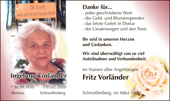 Traueranzeige von Ingeborg Vorländer von MZV