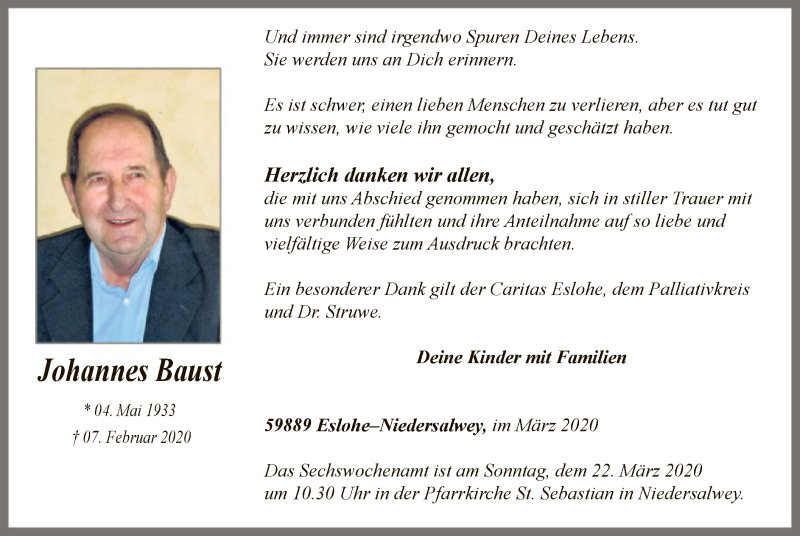  Traueranzeige für Johannes Baust vom 14.03.2020 aus MZV