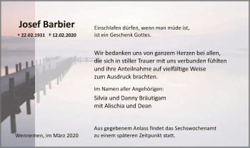Traueranzeige von Josef Barbier von MZV