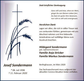 Traueranzeige von Josef Sondermann von MZV