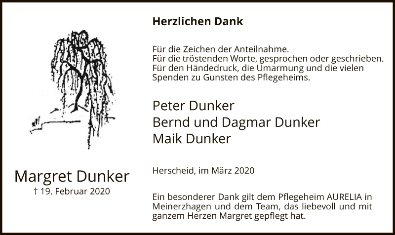  Traueranzeige für Margret Dunker vom 28.03.2020 aus MZV