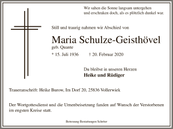 Traueranzeige von Maria Schulze-Geisthövel von MZV