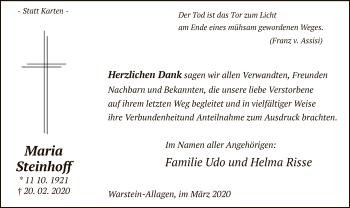 Traueranzeige von Maria Steinhoff von MZV