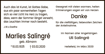Traueranzeige von Marlies Salingré von MZV