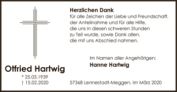 Traueranzeige von Otfried Hartwig von MZV