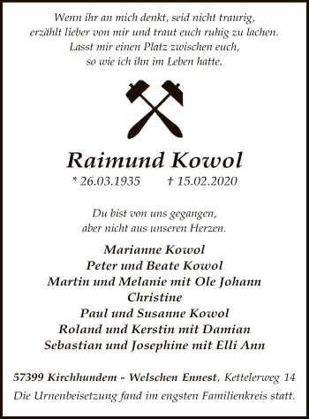 Traueranzeige von Raimund Kowol von MZV