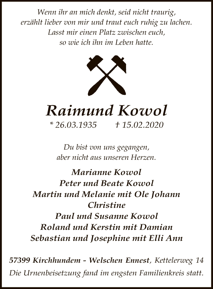  Traueranzeige für Raimund Kowol vom 11.03.2020 aus MZV