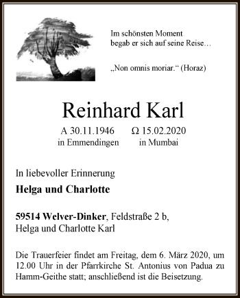 Traueranzeige von Reinhard Karl von MZV