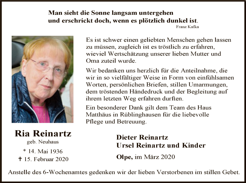  Traueranzeige für Ria Reinartz vom 28.03.2020 aus MZV