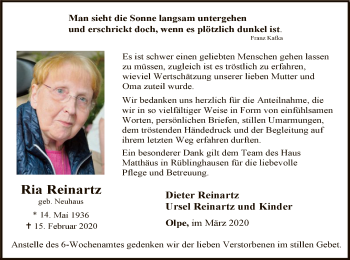 Traueranzeige von Ria Reinartz von MZV