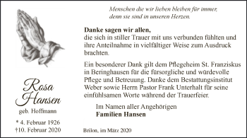 Traueranzeige von Rosa Hansen von MZV