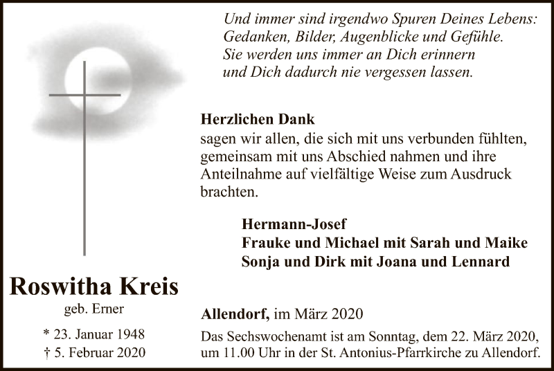  Traueranzeige für Roswitha Kreis vom 14.03.2020 aus MZV