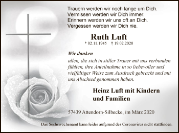 Traueranzeige von Ruth Luft von MZV