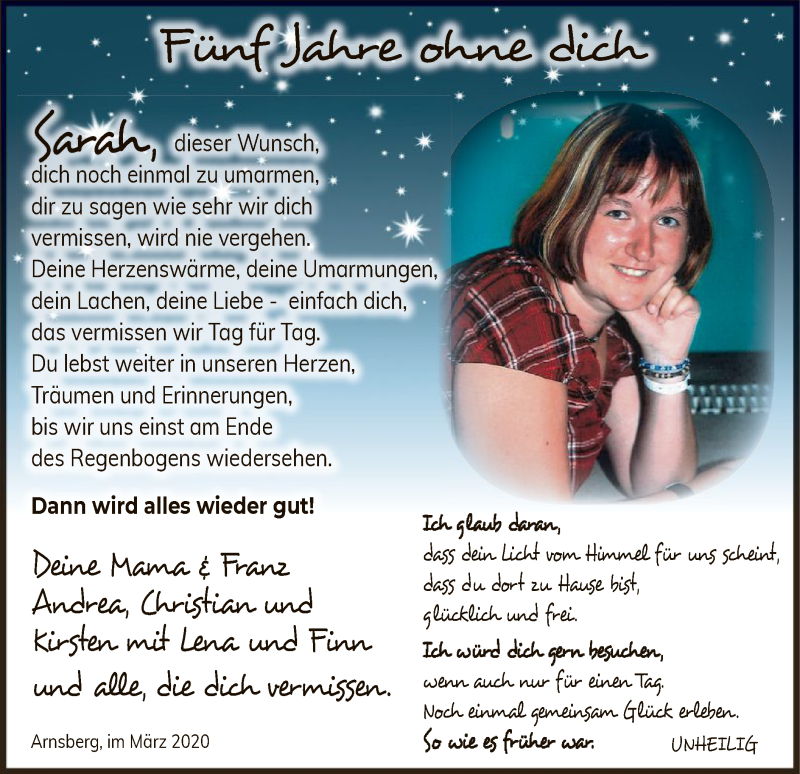  Traueranzeige für Sarah  vom 28.03.2020 aus MZV