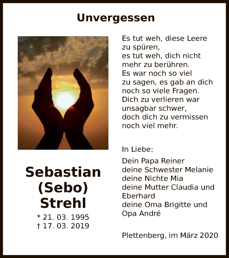  Traueranzeige für Sebastian Strehl vom 17.03.2020 aus MZV