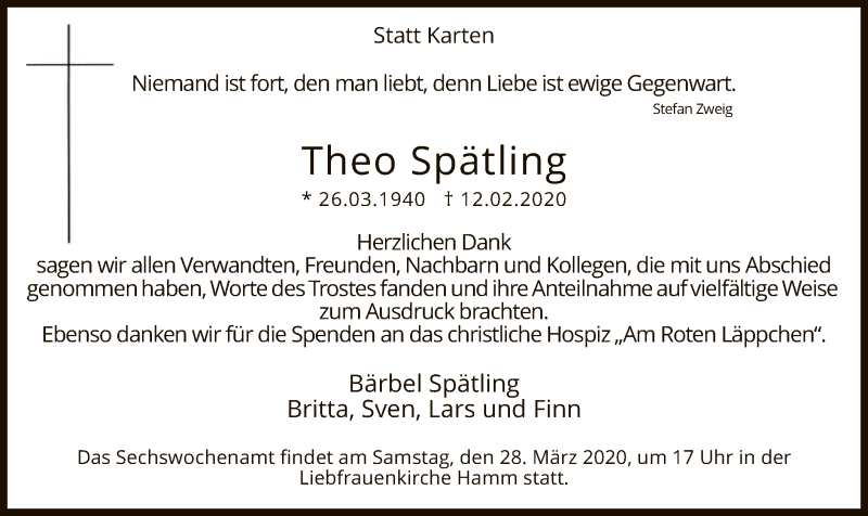  Traueranzeige für Theo Spätling vom 21.03.2020 aus MZV