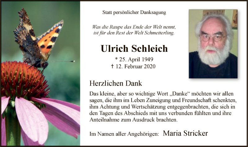  Traueranzeige für Ulrich Schleich vom 21.03.2020 aus MZV