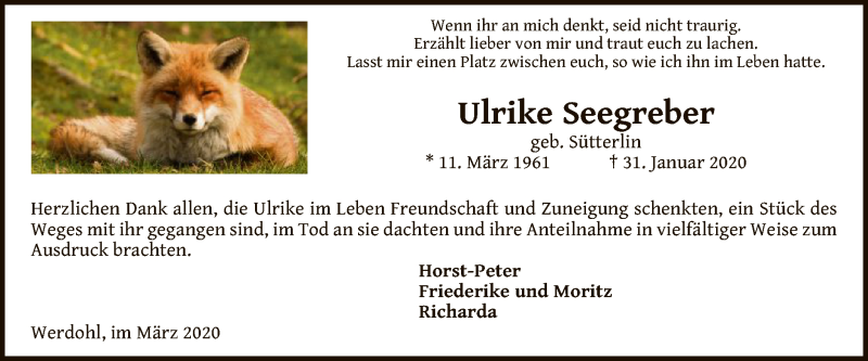  Traueranzeige für Ulrike Seegreber vom 07.03.2020 aus MZV