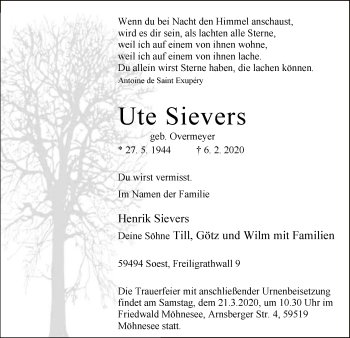 Traueranzeige von Ute Sievers von MZV