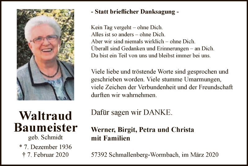  Traueranzeige für Waltraud Baumeister vom 21.03.2020 aus MZV