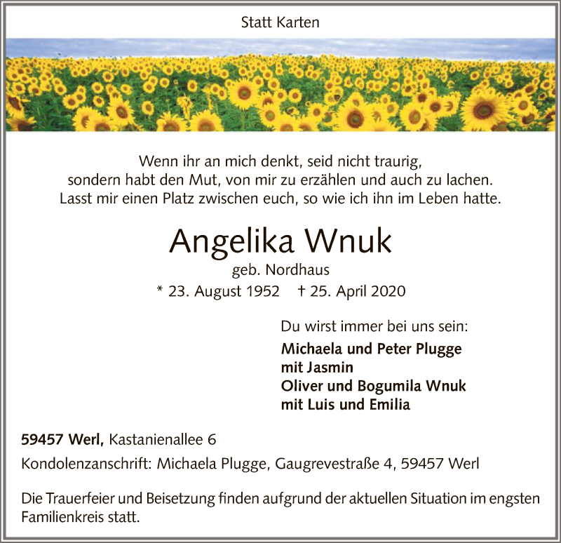  Traueranzeige für Angelika Wnuk vom 28.04.2020 aus WA